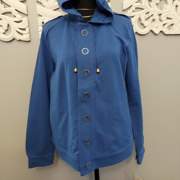Charter Club Coastal Blue Greenich Hoodie with Blue and Gold Buttons Size PLarge - Picture 1 of 8